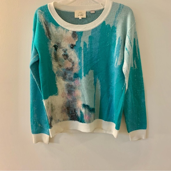 Anthropologie Artwork Lauren C Walcott Wool Blend Mixed Media Lama Sweater - Picture 2 of 11